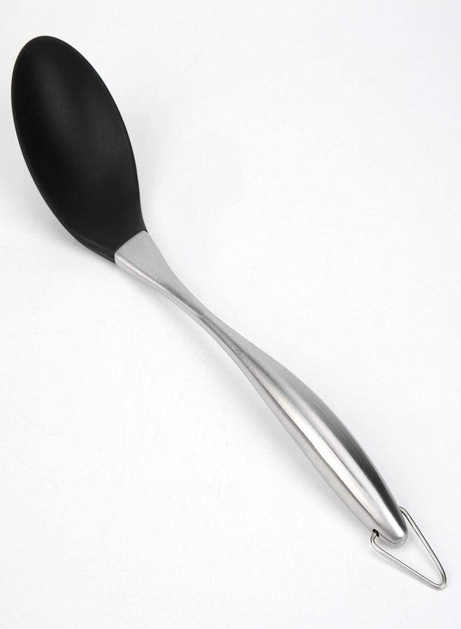 Ramkuwar Silicone Cooking Spoons Set Slotted & Solid Spoon with Stainless Steel Handle for Serving, Mixing Kitchen Utensils (Black) - Image 1